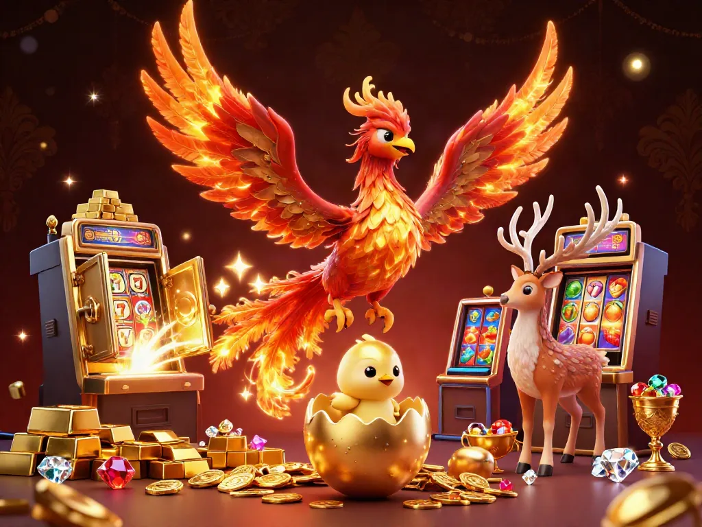 Menangkan slot dengan phoenix berapi dan kemewahan kasino yang bersinar di latar belakang.