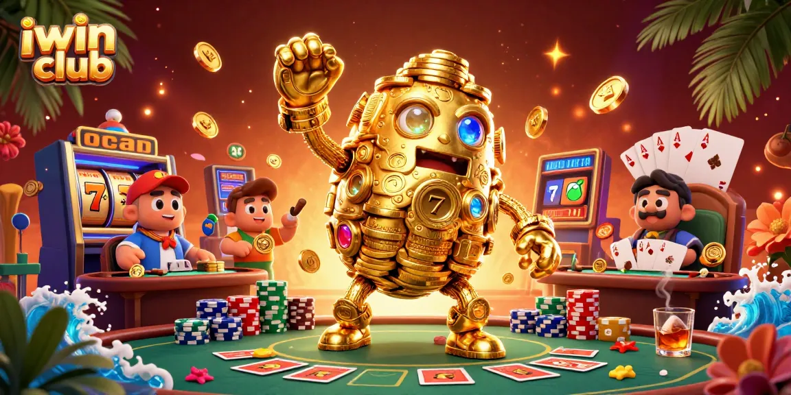 Spin and win at iwin club with a lively 3D casino scene featuring a golden golem, poker elements, and vibrant game symbols.