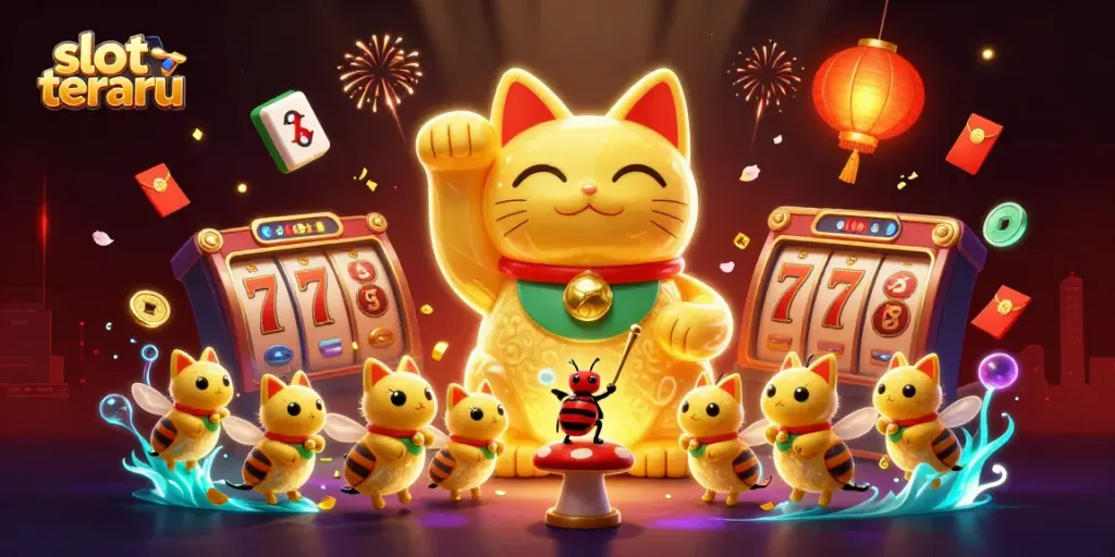 Slot terbaru menampilkan ratusan kunang-kunang yang membentuk kucing keberuntungan di kasino.