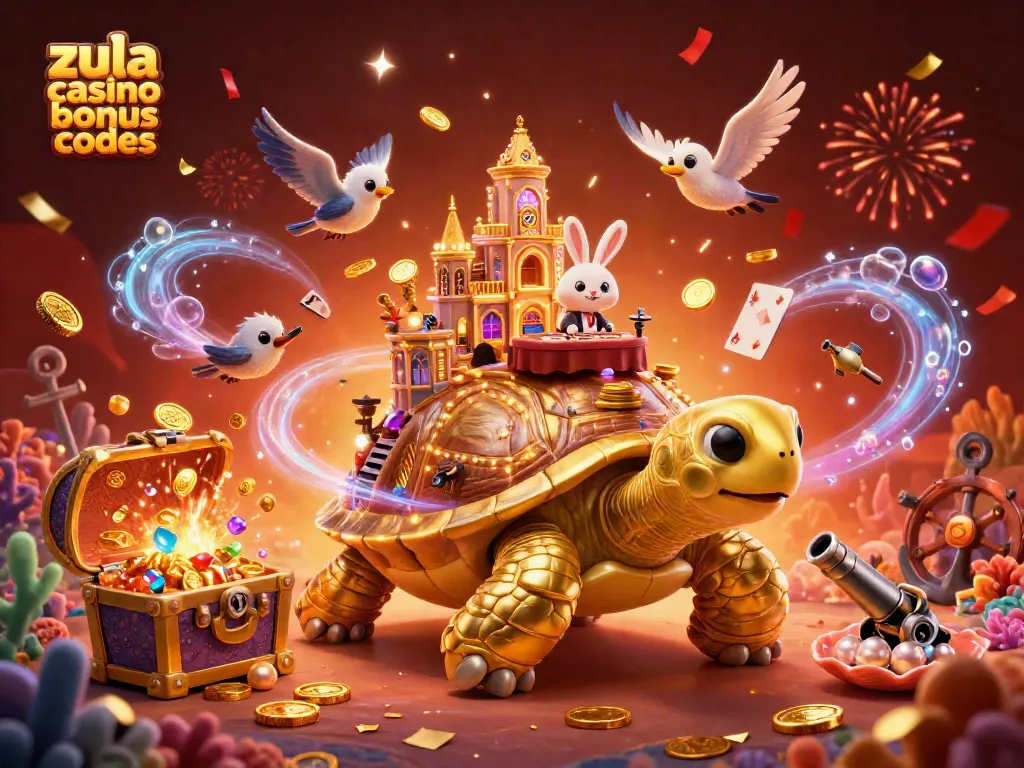 Win big with Zula Casino bonus codes featuring a vibrant casino scene with gold coins and celebratory elements.