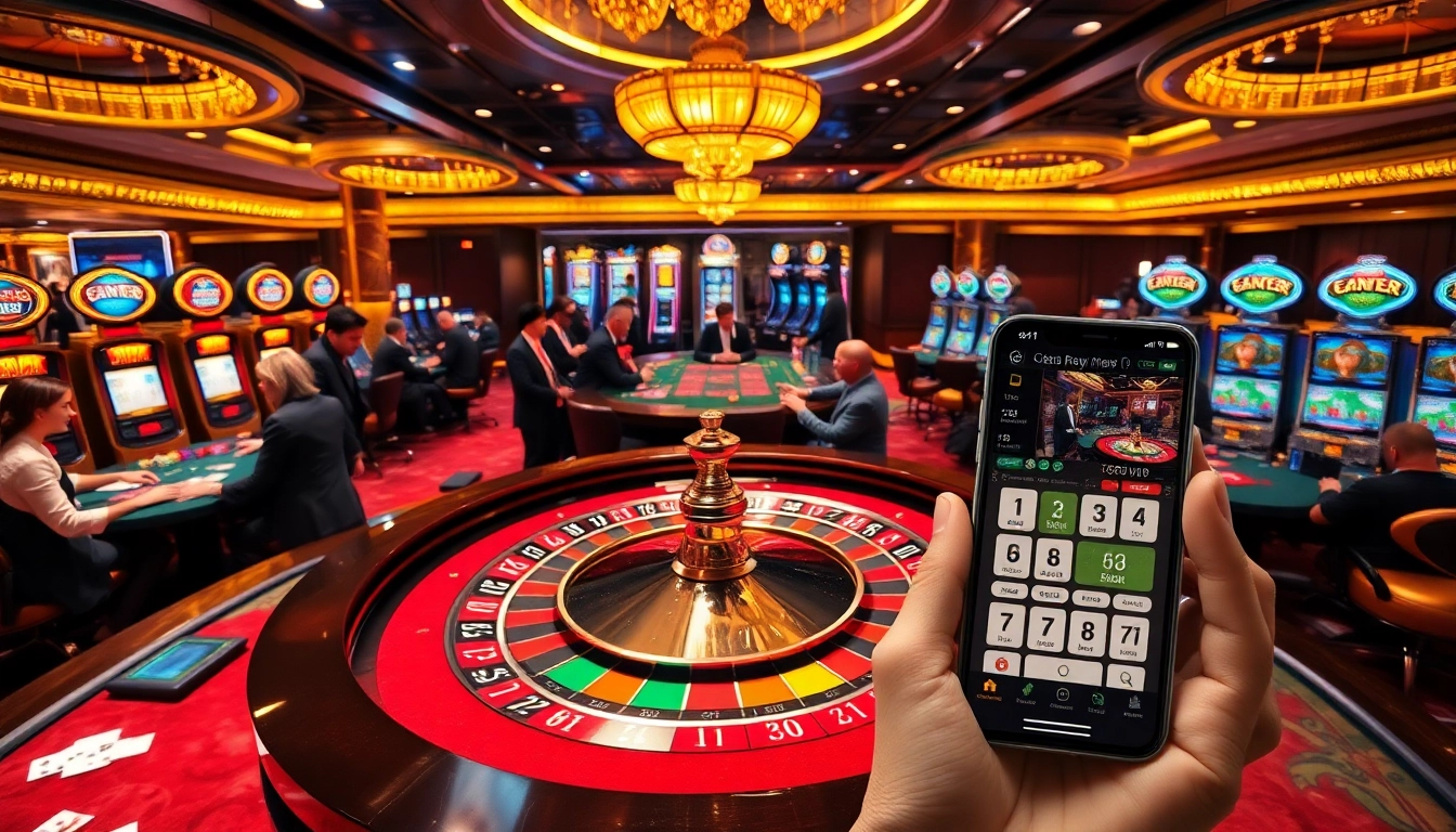 A gambler enjoying a thrilling experience at the luxury casino showcasing the 68VIP app on their smartphone.