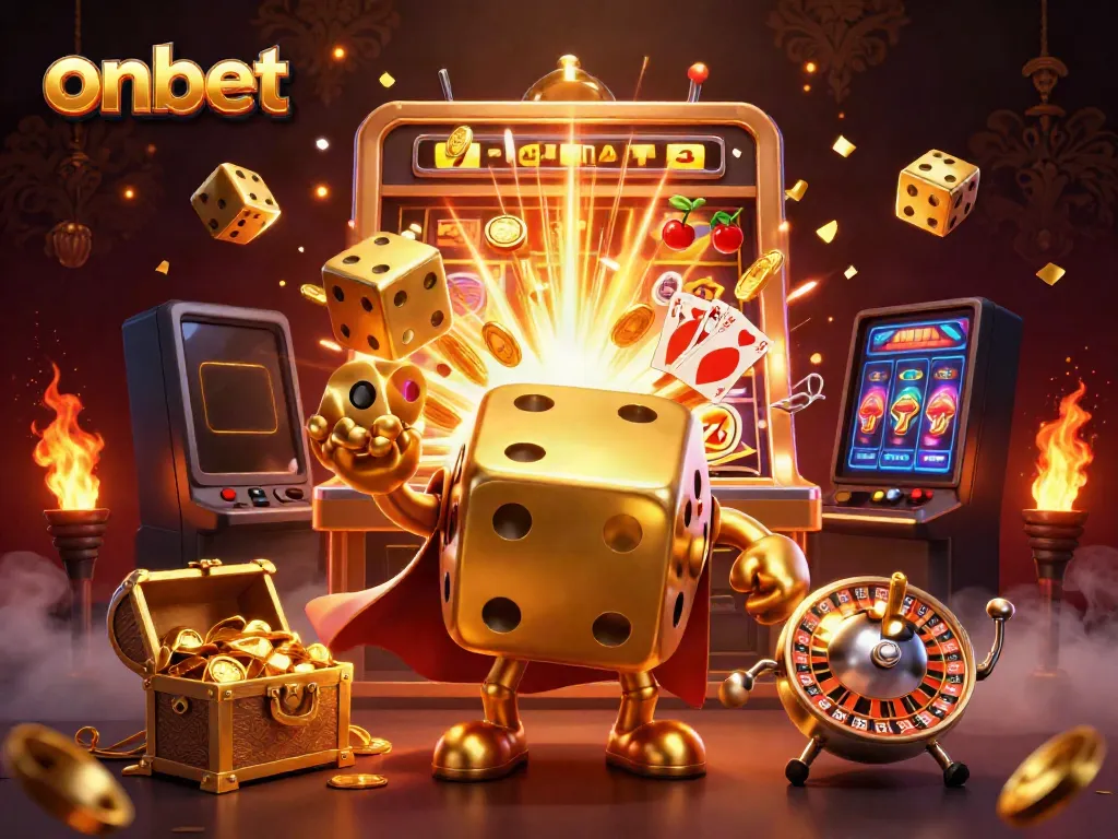 Experience thrilling moments at onbet with a dynamic casino scene featuring golden dice and slot machine jackpots.
