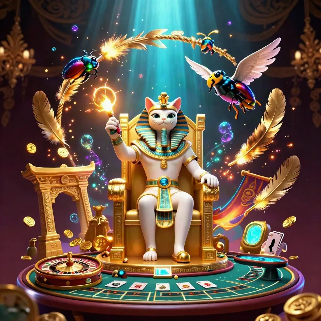 Pharaoh cat, ibis scribe, and gem-wing scarabs amid neon casino treasure and glowing lights.