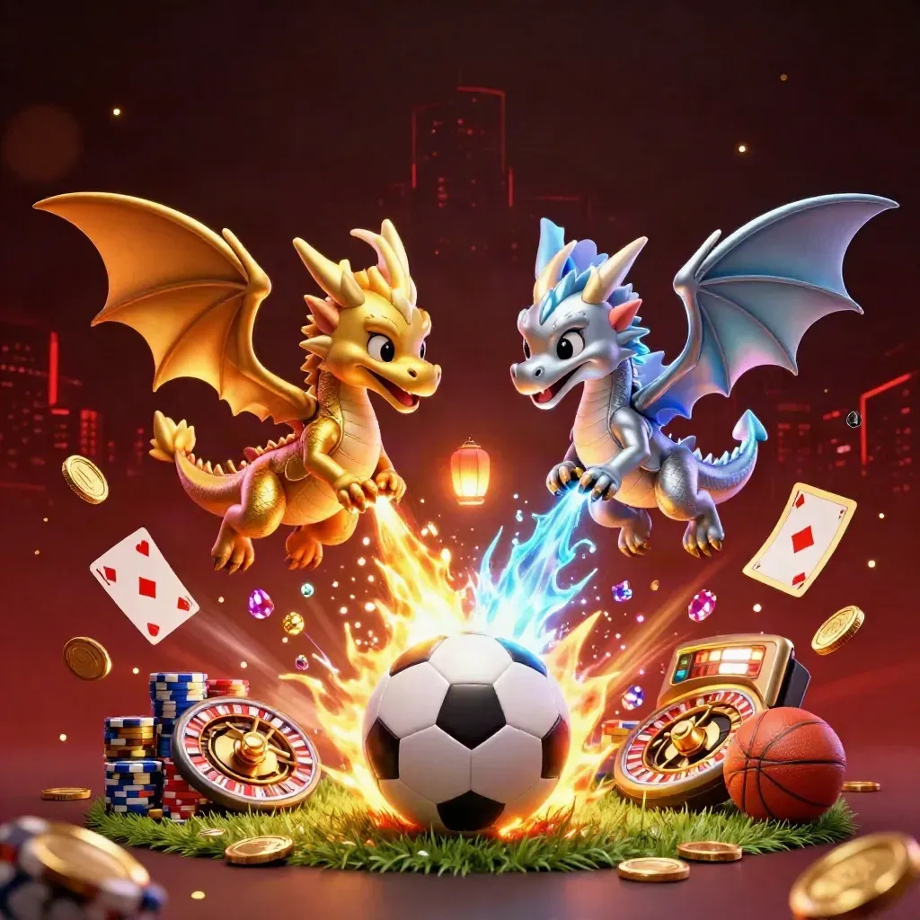 Gold and silver dragons in a casino-sports burst with a soccer ball and neon gambling assets.