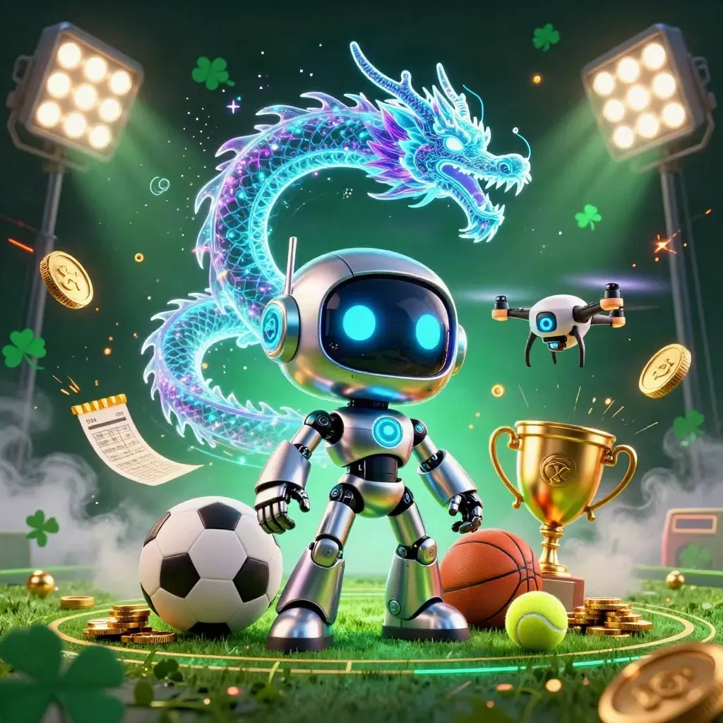 Cyberpunk robot, holographic dragon, drone, flying sports balls, coins, trophy, neon casino arena
