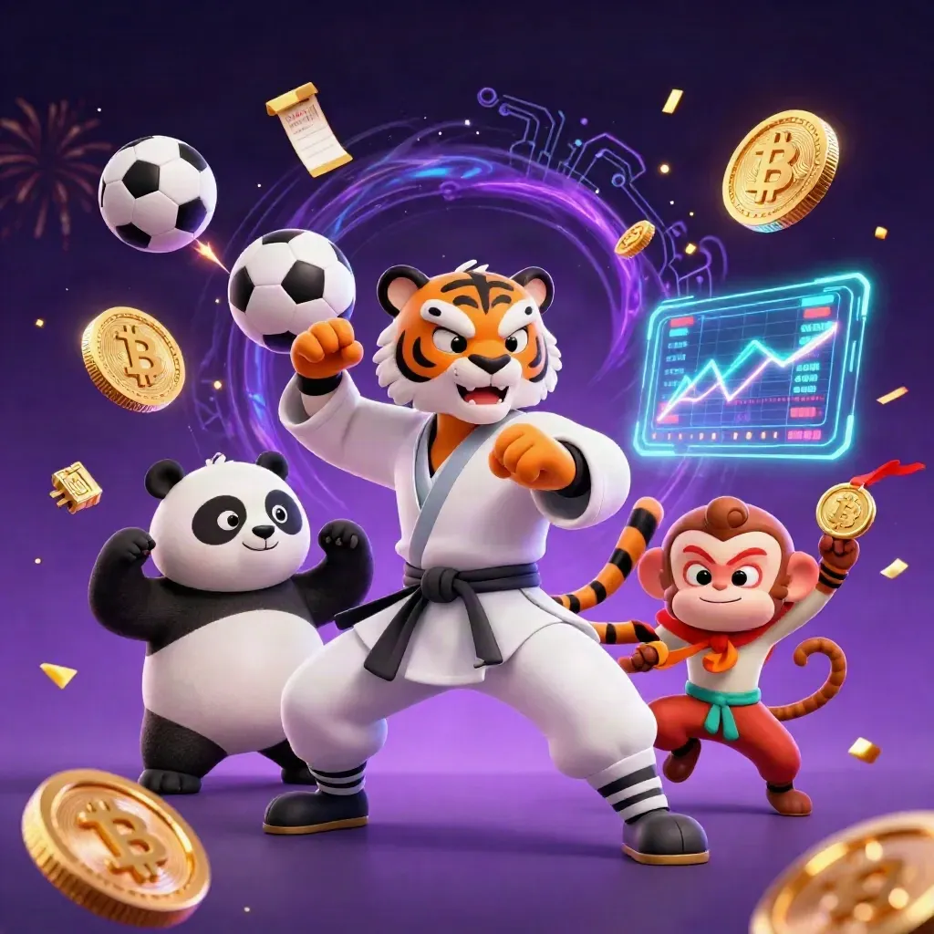Kung-fu tiger, panda, and monkey amid neon casino energy, coins, lightning, and glowing sports props.