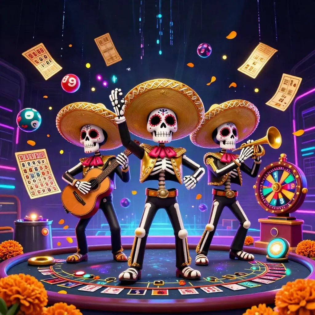 Skeleton mariachi trio in a neon casino scene with spinning wheel, cards, and gold lights.