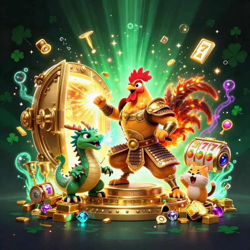 Rooster samurai, dragon hatchling and fortune-cat burst from a glowing vault with gold and gems.