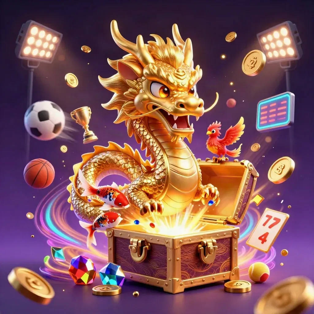 Golden dragon with phoenix and koi amid coins, balls, trophy, and neon casino glow on dark purple.