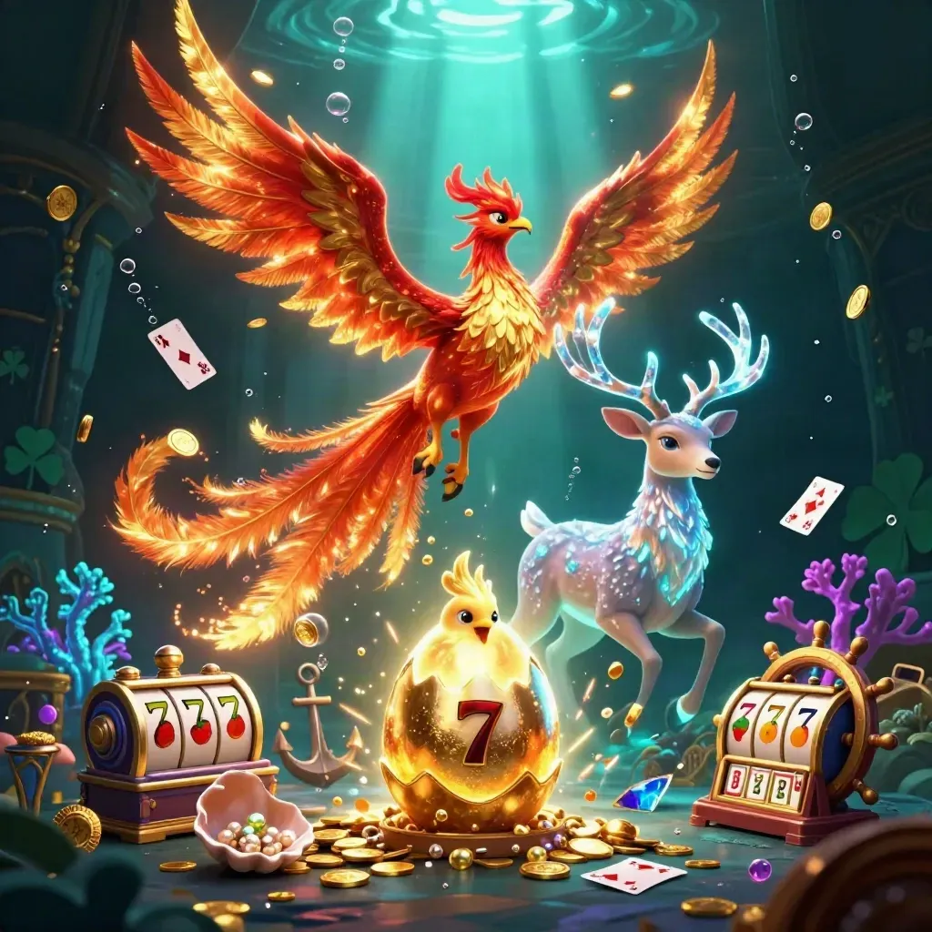 Phoenix, hatching egg, and crystal stag amid treasure, bubbles, coral, and casino loot.