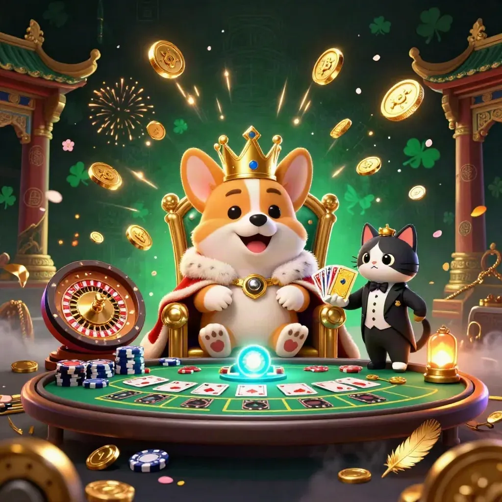 Crowned corgi and cat butler amid casino gold, cards, roulette, fireworks, and a bursting vault.