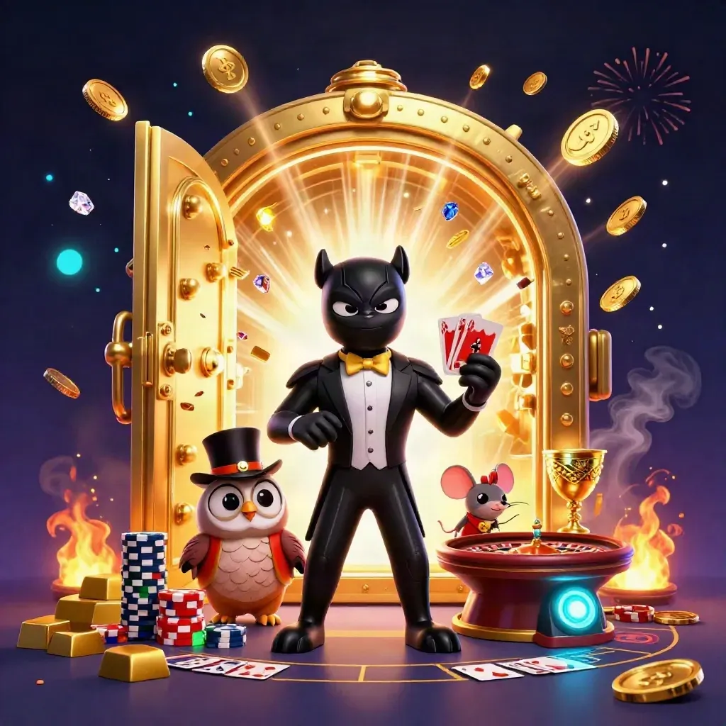 Panther, owl, and mouse celebrating by an open vault with gold, chips, and casino lights.