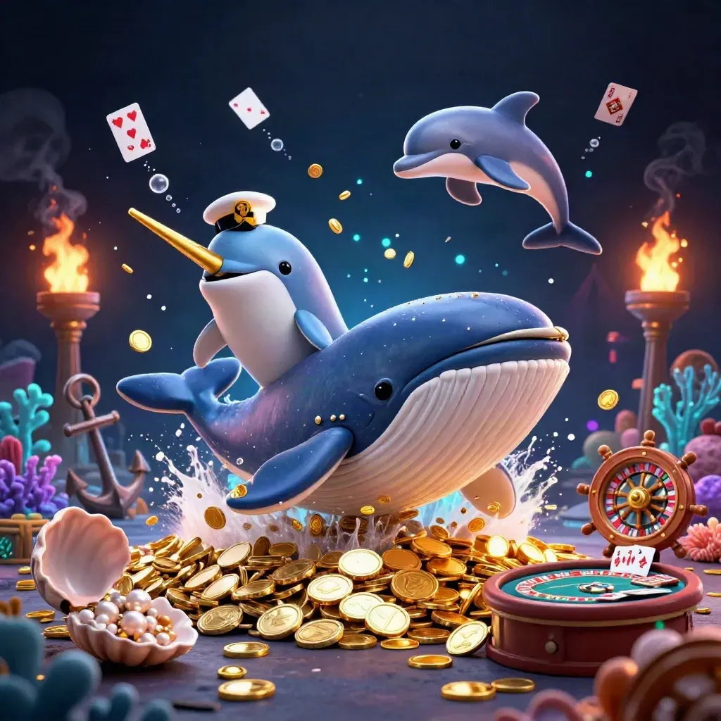 Whale captain, narwhal, dolphins, coins, treasure cove, roulette and cards in neon casino glow