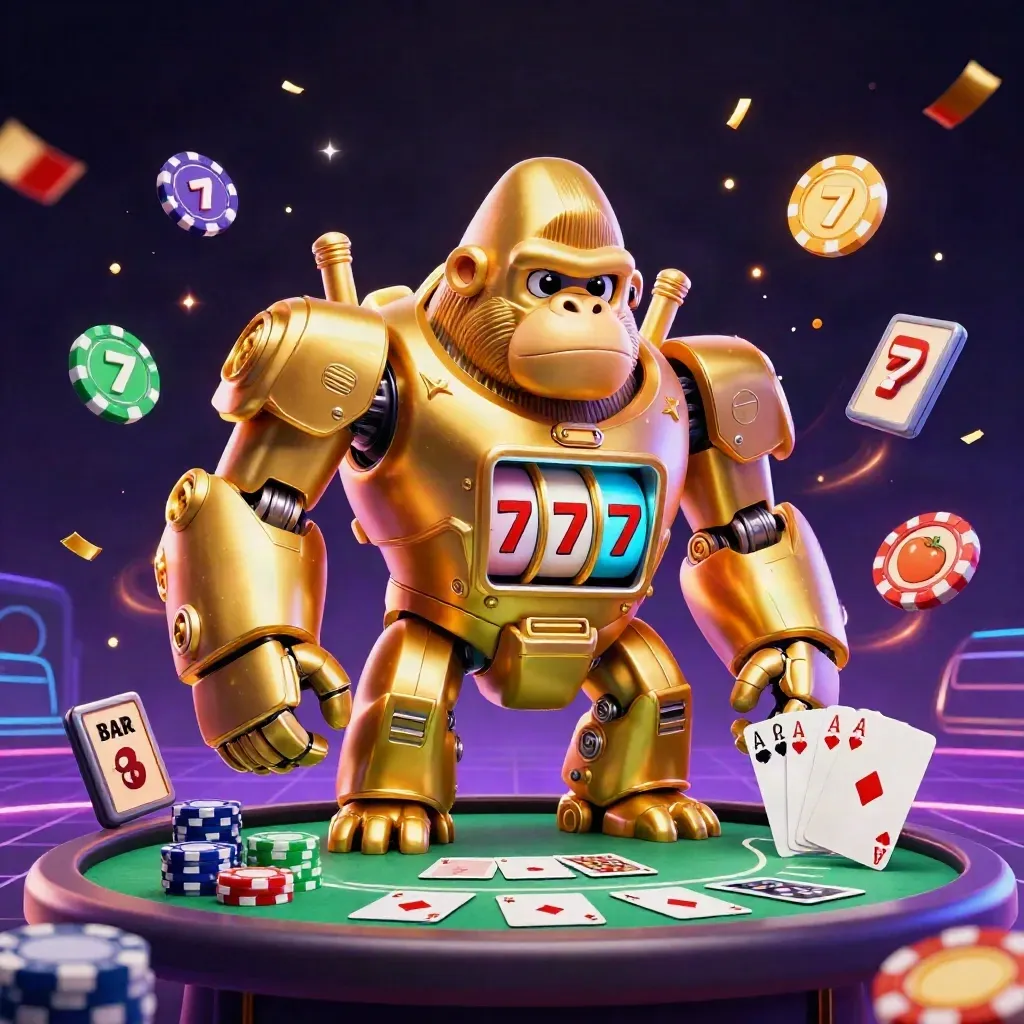 Golden gorilla slot mech with tiny pilot, poker chips, cards, and neon casino energy