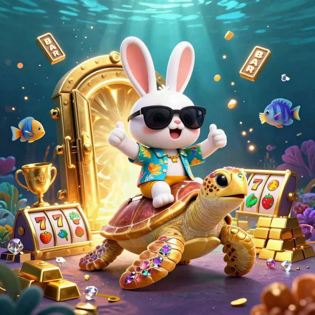Lucky rabbit on gem-shell sea turtle amid vault gold, fish, and neon casino treasure underwater.