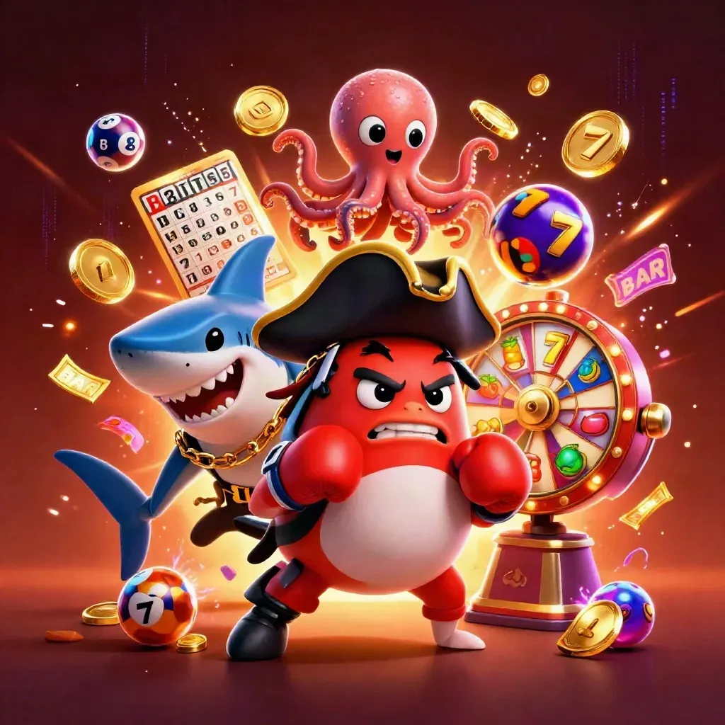 Pirate shark, boxing pufferfish, and juggling octopus amid neon casino chaos