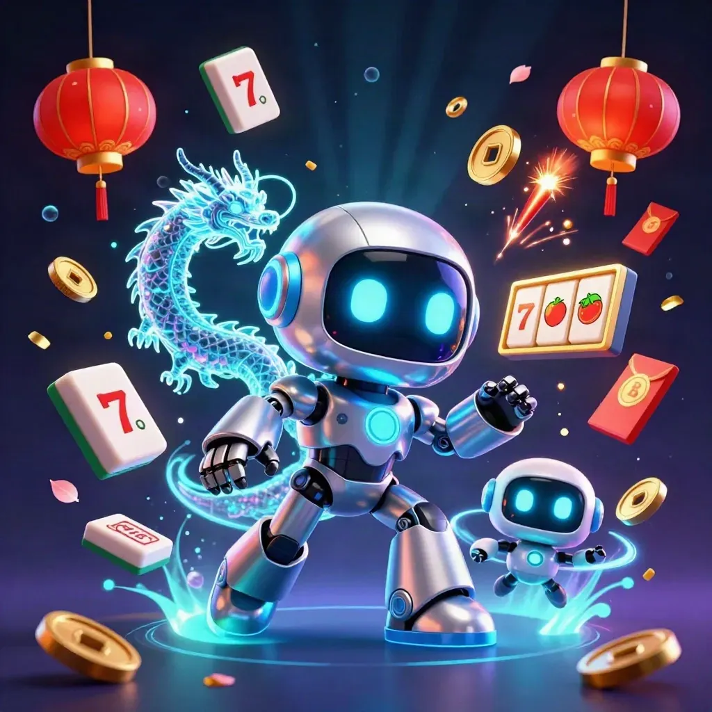 Chrome robot, holographic dragon, and coin drone amid casino icons in neon cyberpunk light.