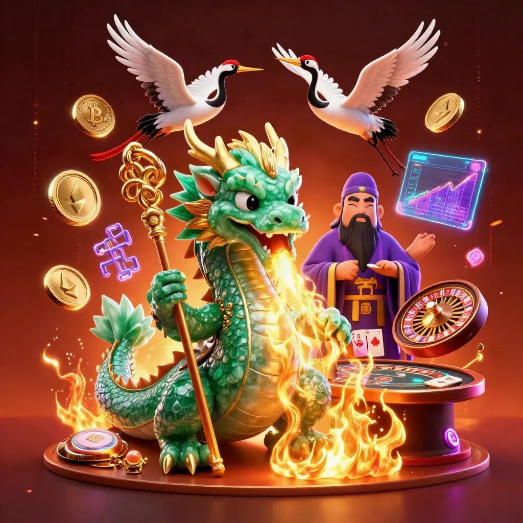Jade dragon, turtle sage and cranes amid casino coins, cards and neon energy