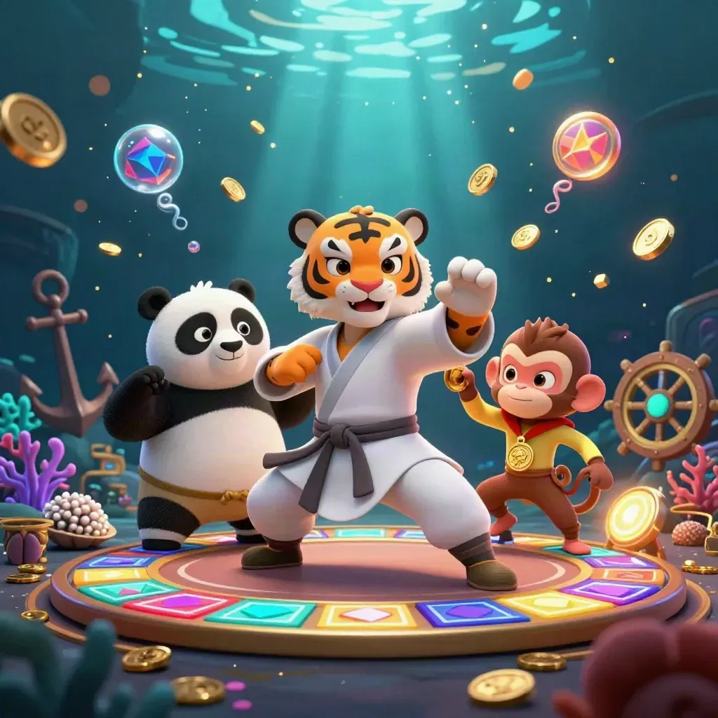 Kung-fu tiger, panda, and monkey amid underwater casino treasure, cards, coins, and neon glow.
