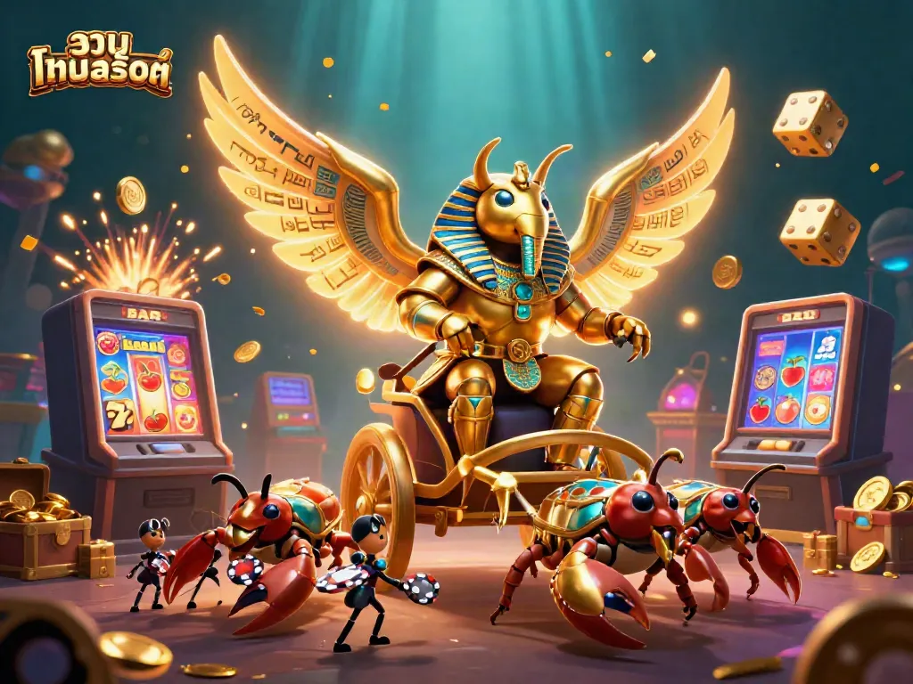 Experience the excitement of รวมเกมสล็อต with a vibrant 3D illustration featuring a majestic scarab beetle and thrilling casino elements.