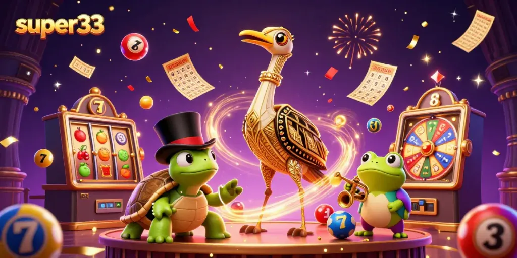 The super33 illustration showcases vibrant slot machine reels and lively characters at a casino setting.