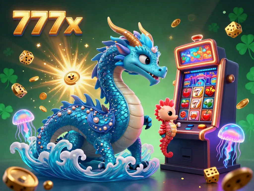 Experience the excitement of 777x with a captivating casino scene featuring a mystical dragon, seahorse knight, and a colorful slot machine.
