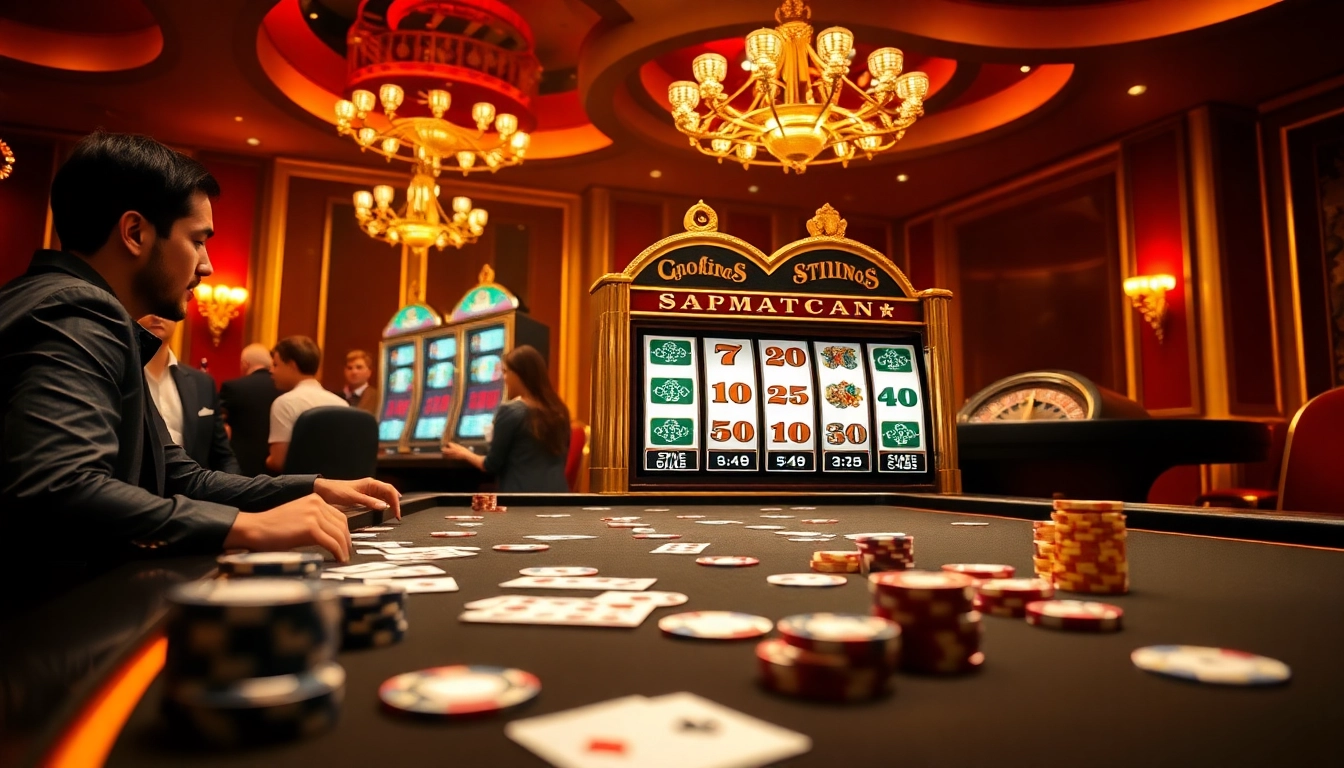 Players enjoying the qqmacan slot machine in a vibrant casino setting with luxurious decor.