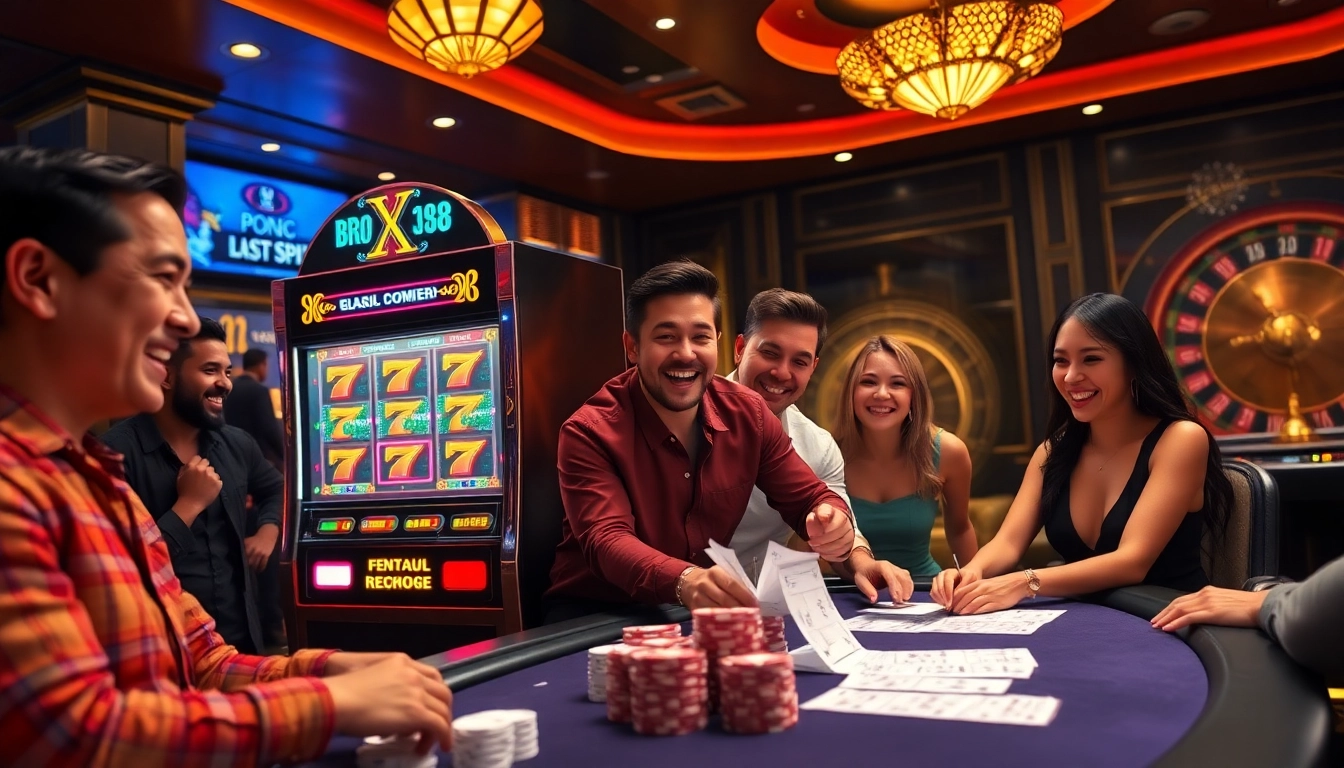 Players enjoy the excitement of the bro138 slot machine in a luxurious casino setting.