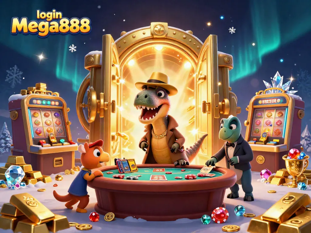 Login Mega888 scene with velociraptor, stegosaurus, and compy at a blackjack table.