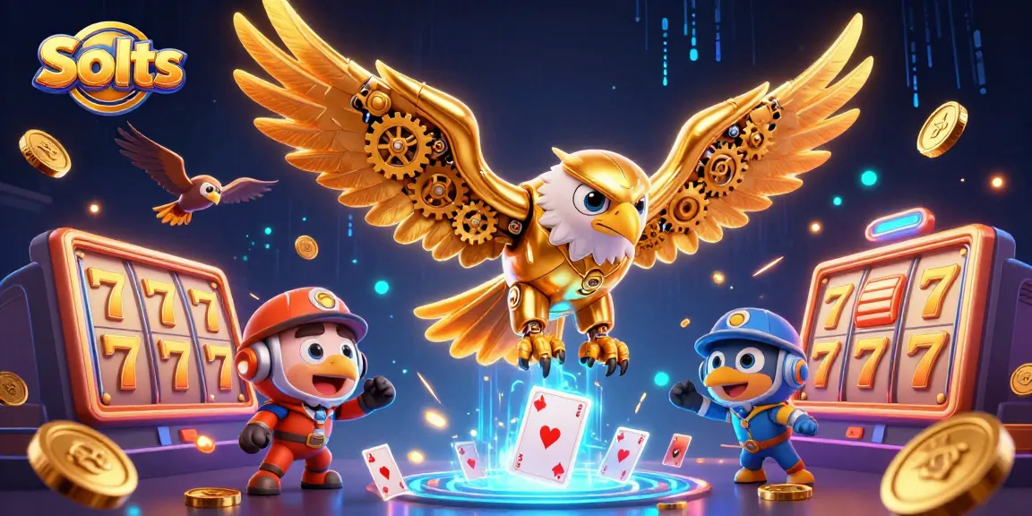 Slots scene featuring a cybernetic eagle, slot reels, and jackpot elements, with vibrant coins and holographic effects.