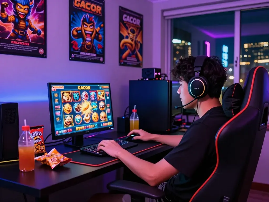 Player enjoying a slot gacor game on a laptop, showcasing immersive gaming environment.