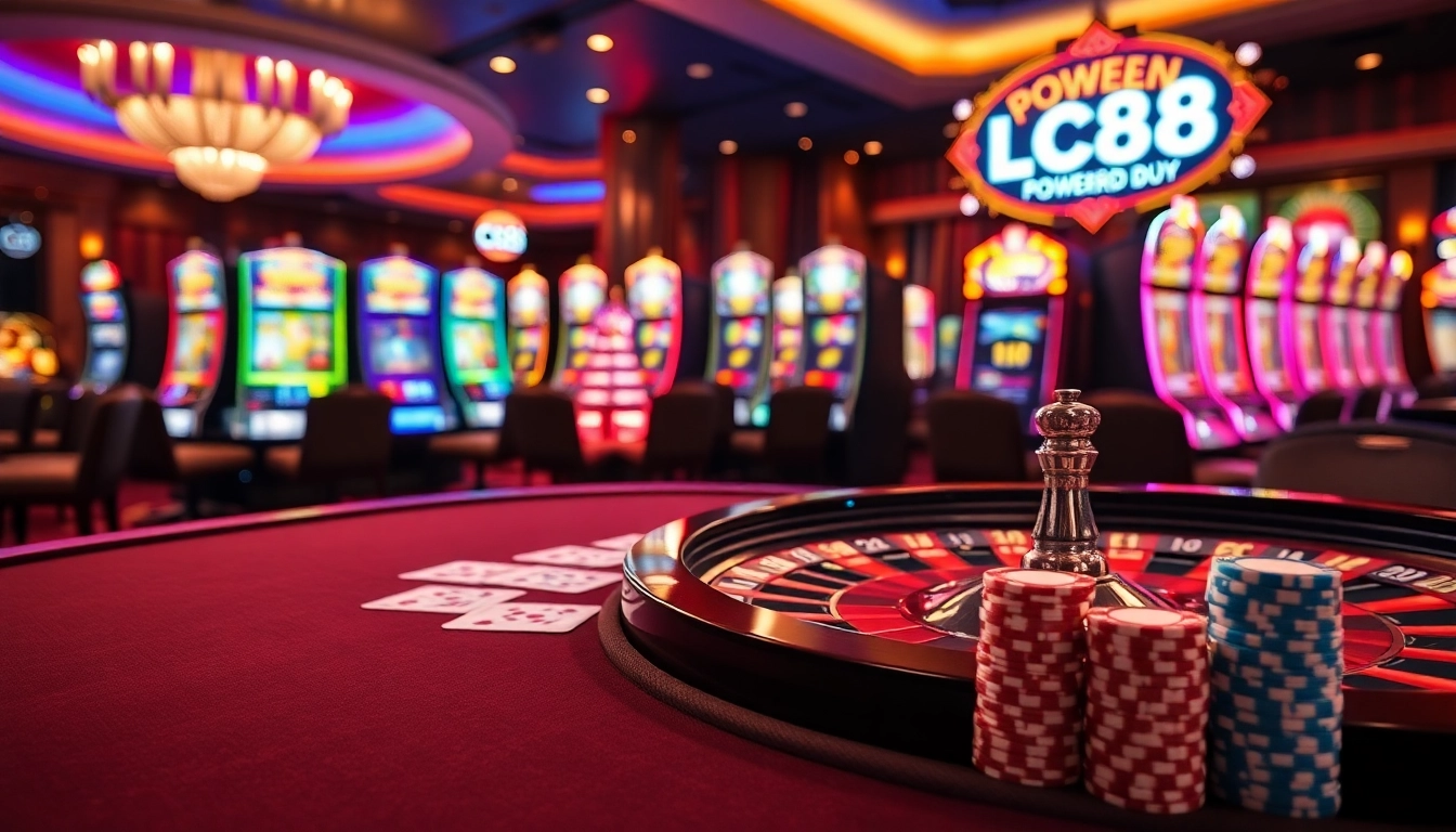 Experience high-stakes gaming at LC88 with luxurious casino tables and vibrant slot machines.