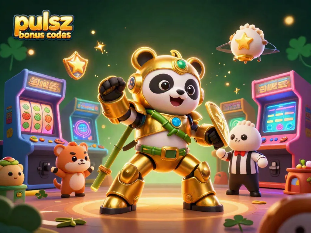 Pulsz bonus codes highlighted in an energetic casino scene with a golden panda pilot, slot machines, and cheering animals.