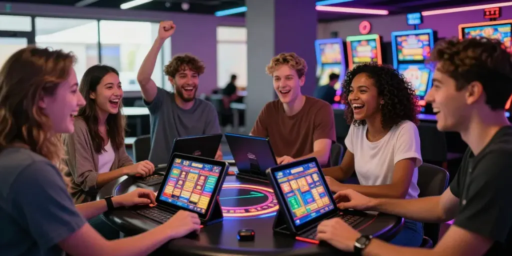A lively online gambling scene with friends enjoying akunjp-themed slot machines, vibrant colors, and modern gaming devices.