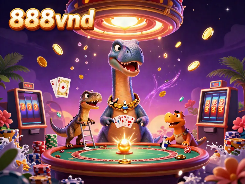 Experience thrilling 888vnd gameplay with a whimsical scene of a brontosaurus and a raptor at a vibrant casino.