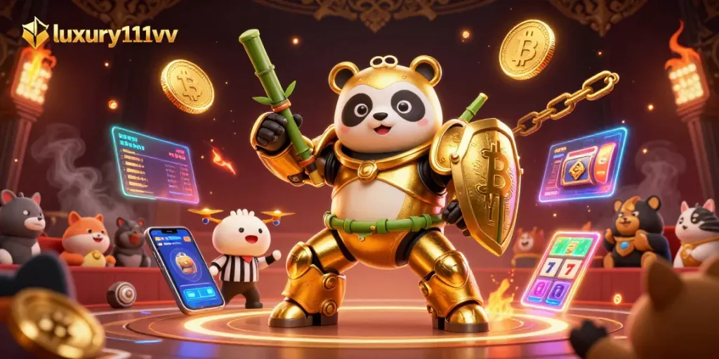 Di luxury111vv, panda emas beraksi dalam mesin tempur sambil bermain slot dan cryptocurrency.