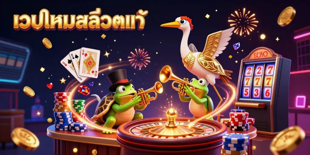 Experience thrilling gameplay with เว็บเกมสล็อตแท้ at the center of a vibrant casino scene featuring lively characters and dynamic game elements.