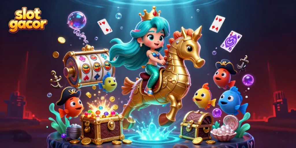 Engage with slot gacor in an underwater casino adventure featuring a mermaid and seahorse amidst treasure.