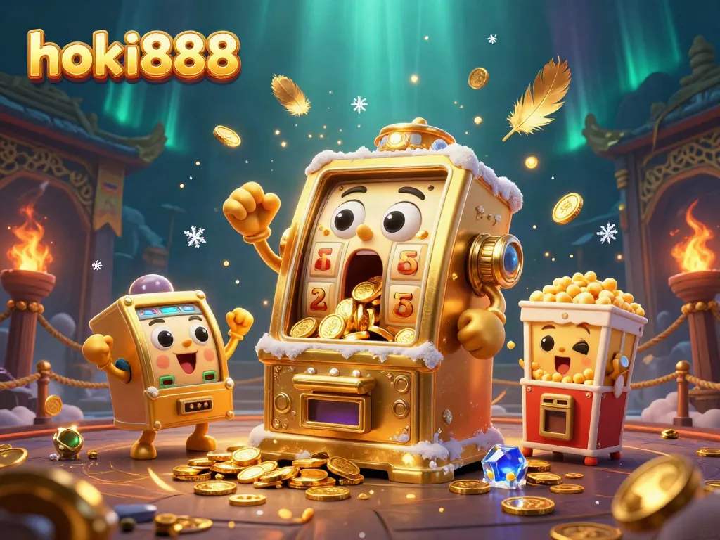 Mencetak jackpot hoki888 dengan mesin slot emas yang ceria dan menyebarkan koin di sekelilingnya.