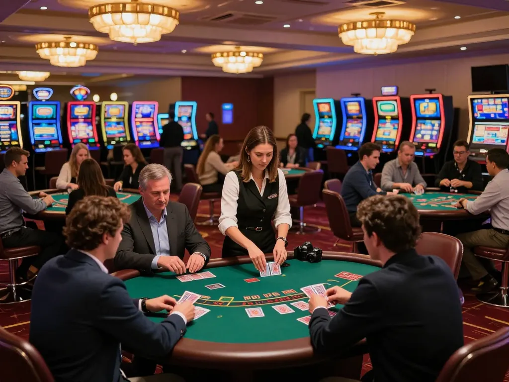 Engaged players practicing Chơi có trách nhiệm at a lively blackjack table in a luxury casino.