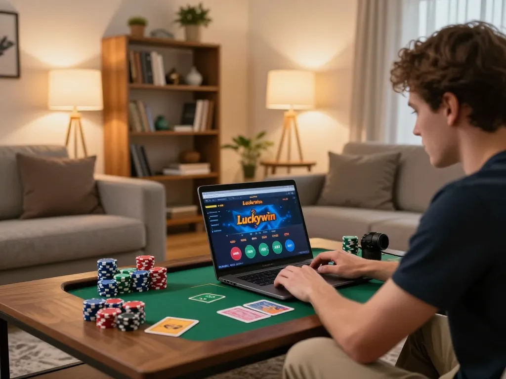 Player enjoying online gaming at Luckywin on a laptop in a cozy living room.