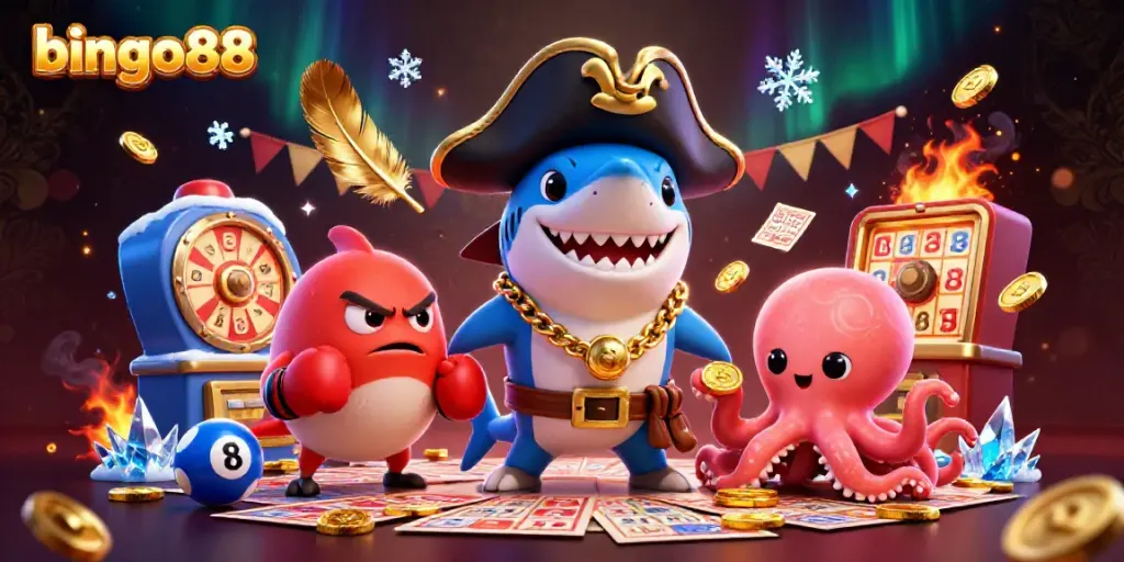 Permainan bingo88 bersama hiu kartun, ikan pustula, dan bayi gurita, menampilkan suasana kasino yang meriah.