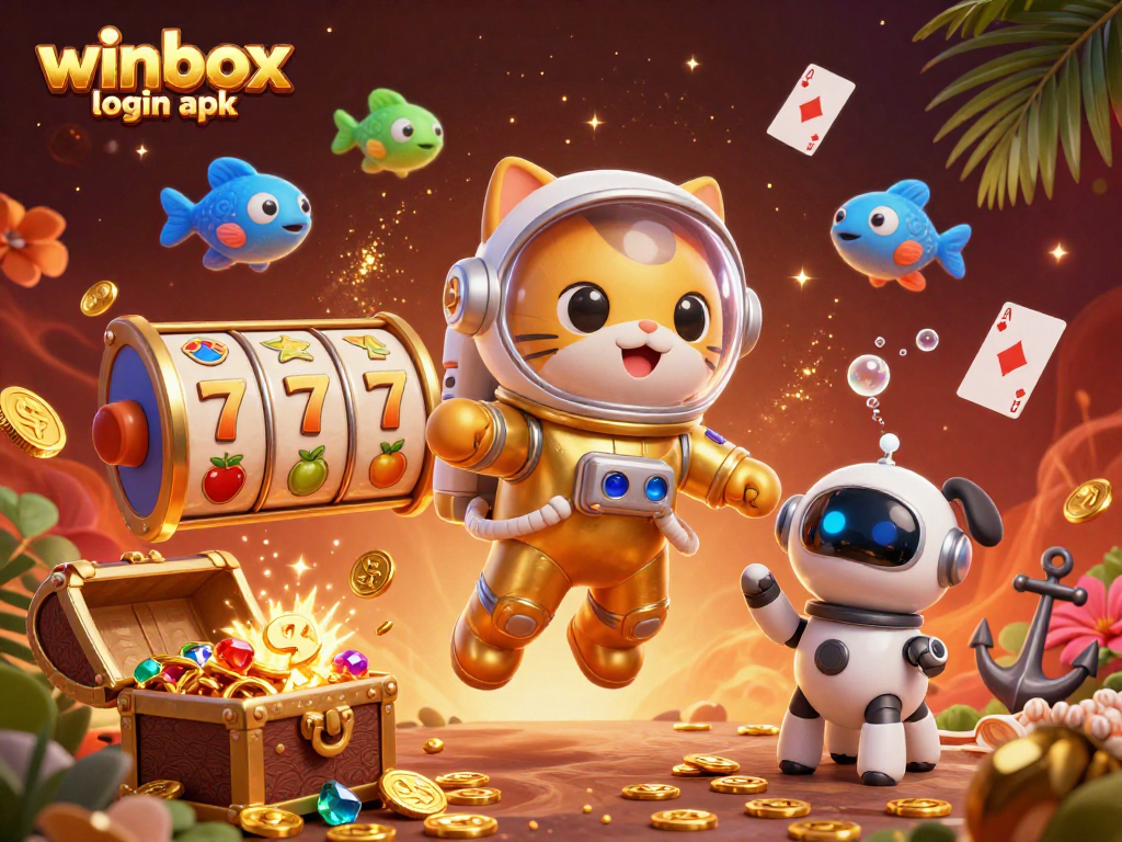 Experience seamless entry with winbox login apk, showcasing a vibrant 3D casino scene.