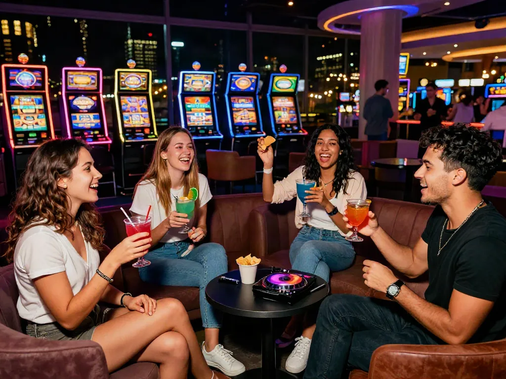 A group of friends celebrating a win at an outdoor casino lounge in an urban setting, showcasing the vibrant nightlife of akunjp.