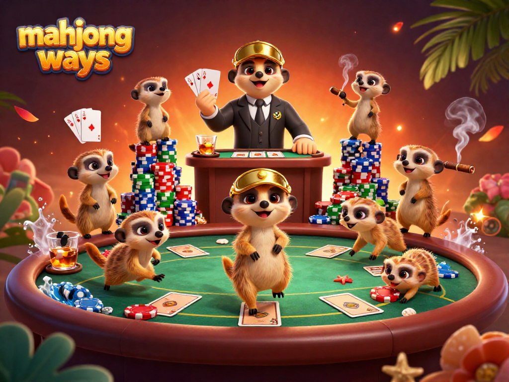 Experience mahjong ways with a lively scene of charming meerkats managing a bustling casino filled with poker excitement.
