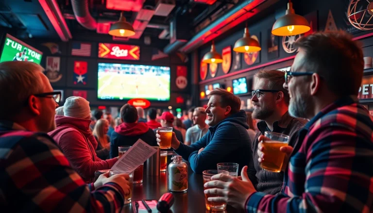 Engaging friends enjoying the excitement of Sports Betting while watching a live sports event.