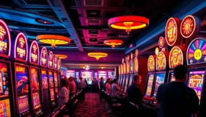 Slot Game menarik dengan mesin slot berwarna-warni dan suasana kasino yang ramai.