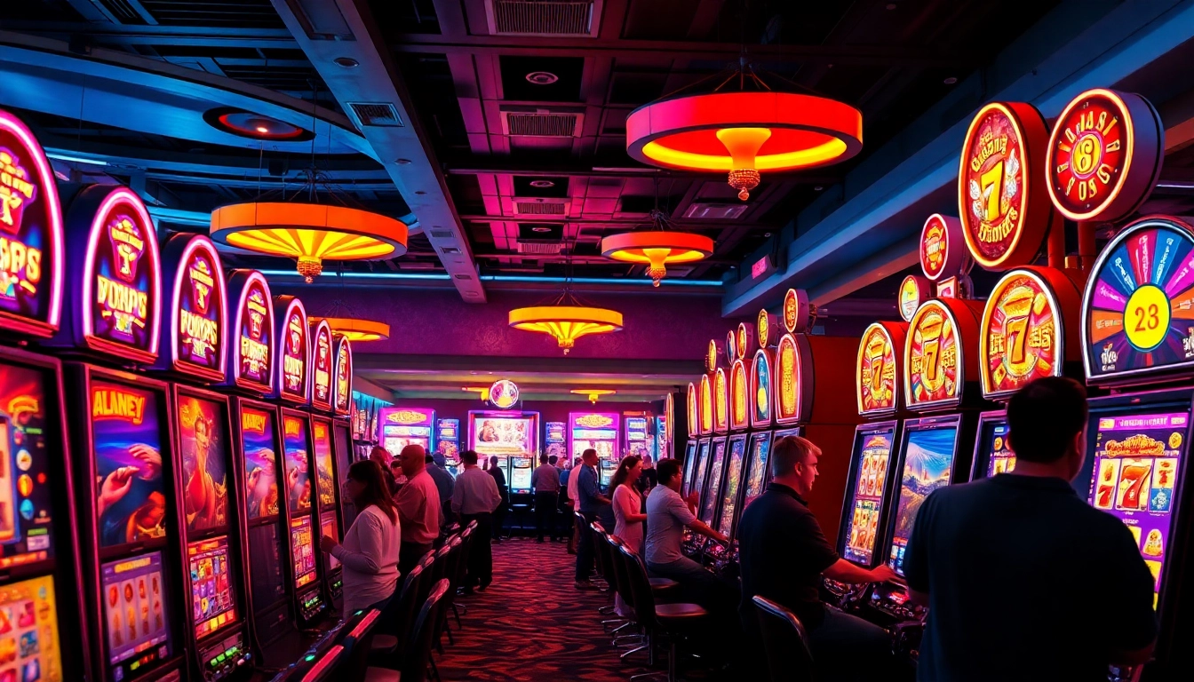 Slot Game menarik dengan mesin slot berwarna-warni dan suasana kasino yang ramai.