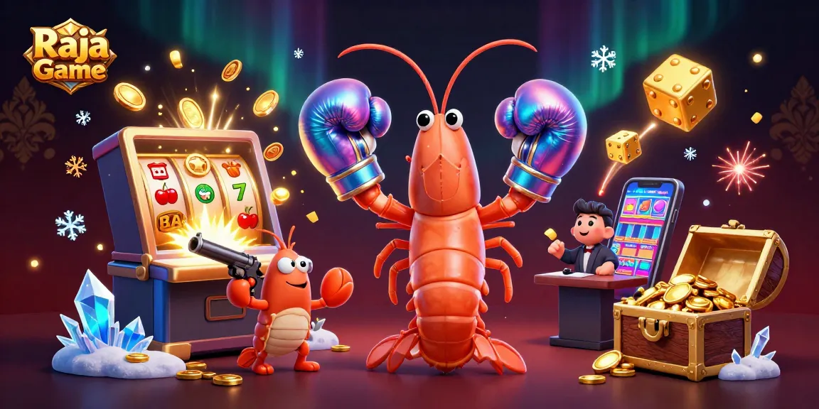 Win big with Raja Game's dynamic scene showcasing colorful slot machines and exciting game elements.