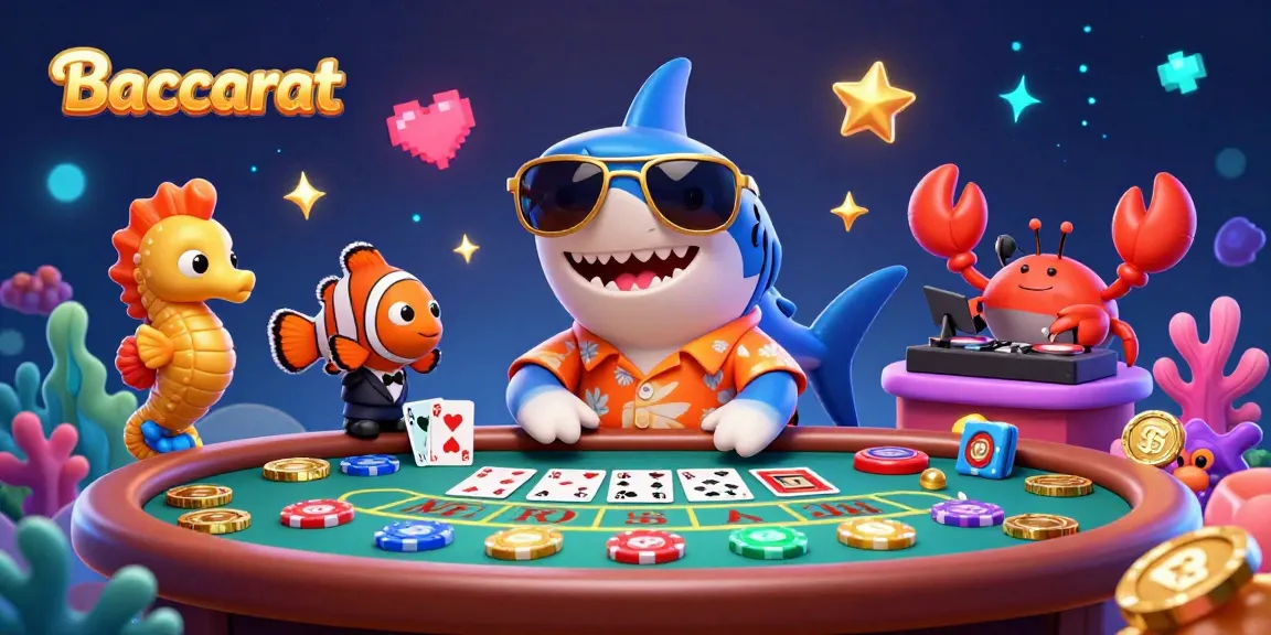 Baccarat-themed illustration featuring a shark dealer and animated characters, promoting casino gaming fun.